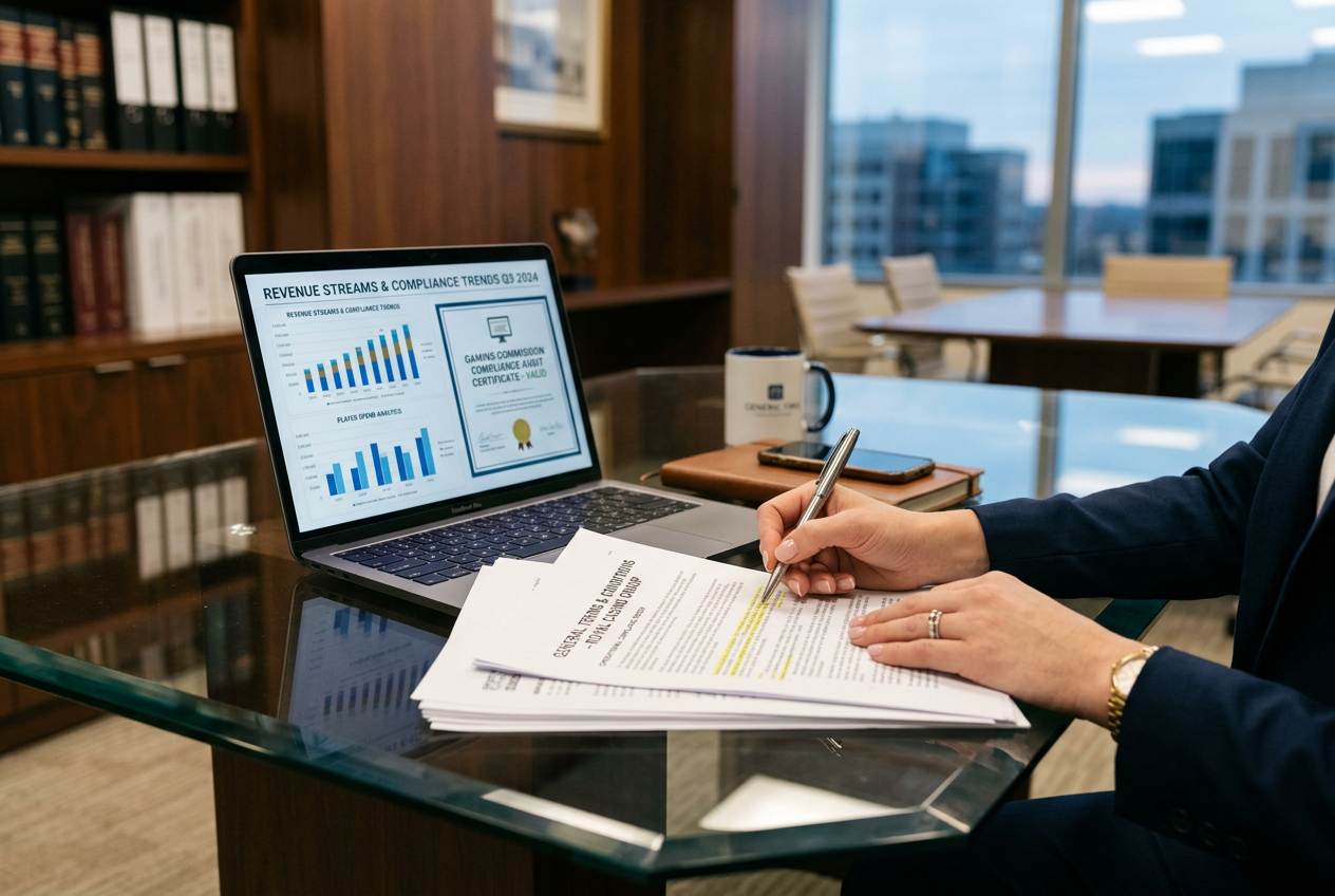 Profesjonalny audytor finansowy analizujący regulaminy kasyna przy biurku z wykresami danych