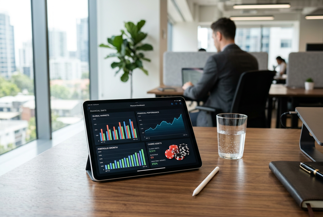 Audytor analizujący dane finansowe kasyna na tablecie