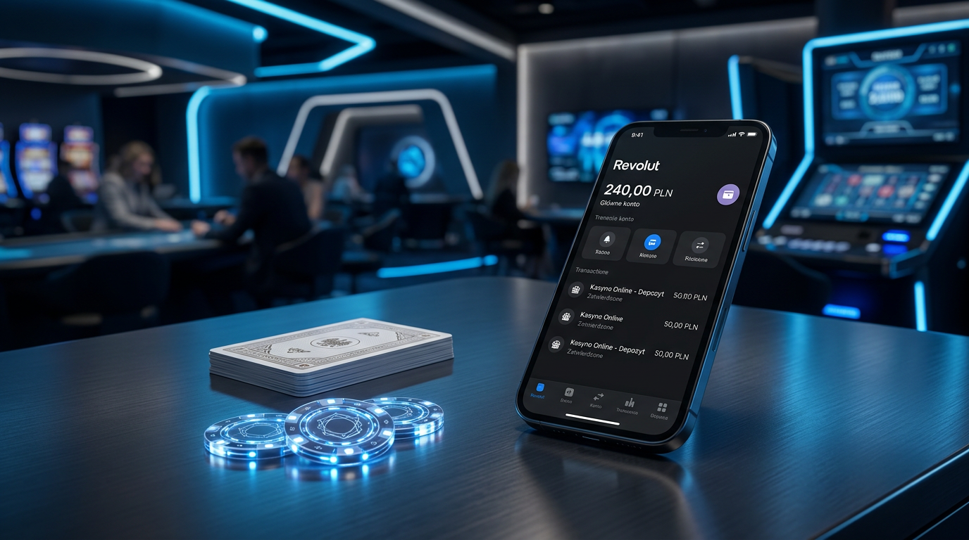 A smartphone with Revolut app and casino elements representing secure online payments.