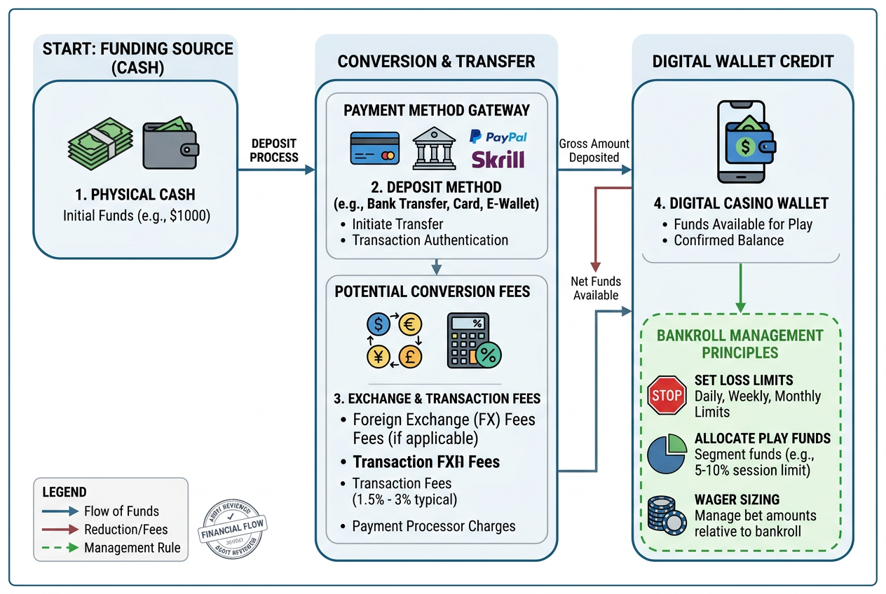 Diagram struktury opłat Paysafecard przedstawiający przepływ środków i potencjalne koszty konwersji